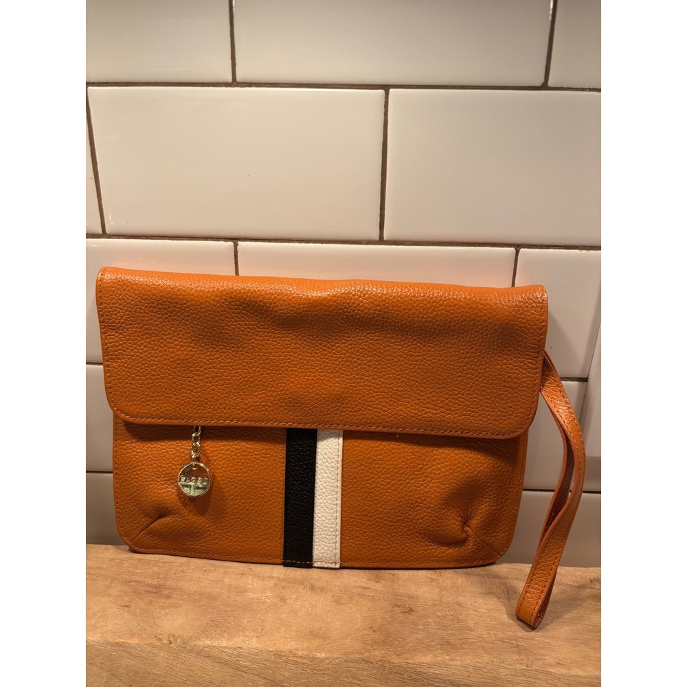 LAGGO Orange Pebbled Leather Foldover Clutch Wristlet Black White Stripe Logo
